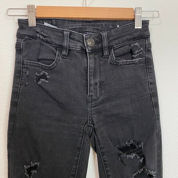 American Eagle Hi-Rise Jegging Destroyed Black 00 - Picture 3 of 8